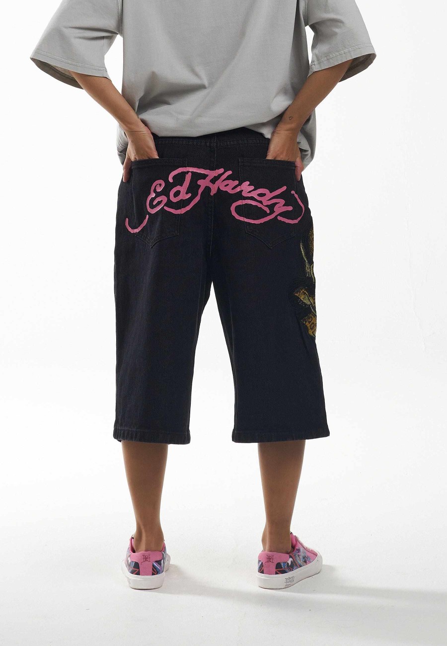 Ed Hardy Womens Panther Crawl Relaxed Denim Jorts Shorts