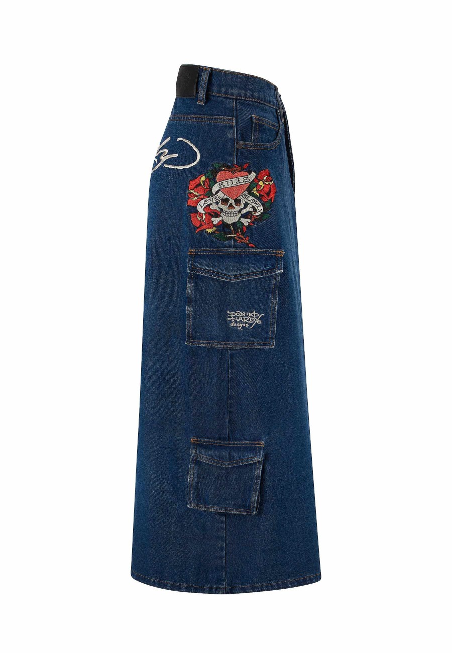 Ed Hardy Womens Killer Rose Denim Midi Skirt