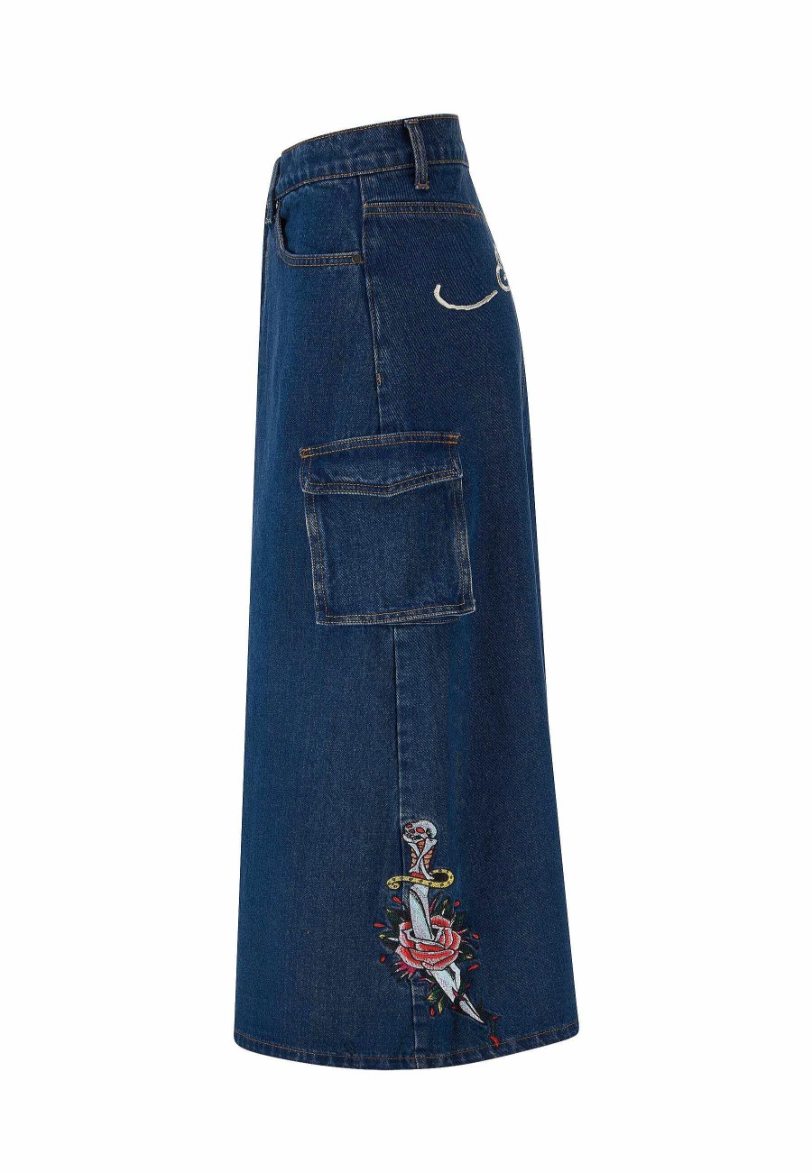 Ed Hardy Womens Killer Rose Denim Midi Skirt