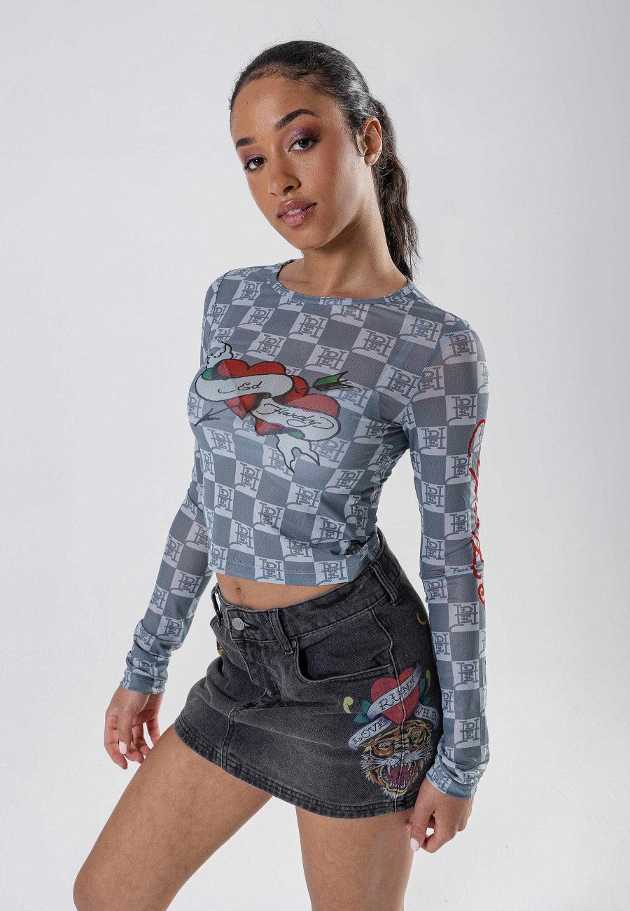 Ed Hardy Womens Love-Ed Mesh Long Sleeve T-Shirt