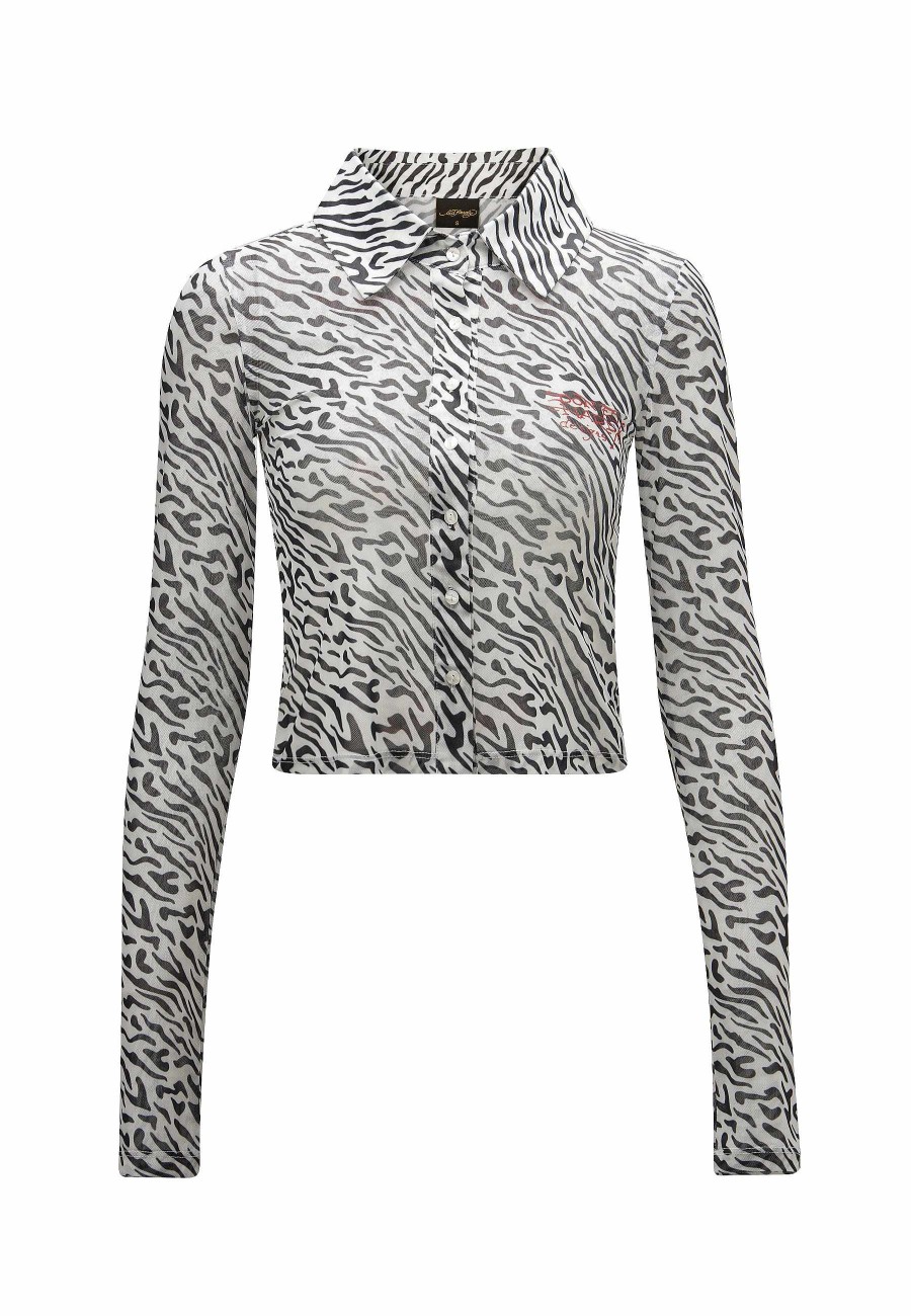 Ed Hardy Womens Love-Is-Mystery Mesh Zebra Print Shirt