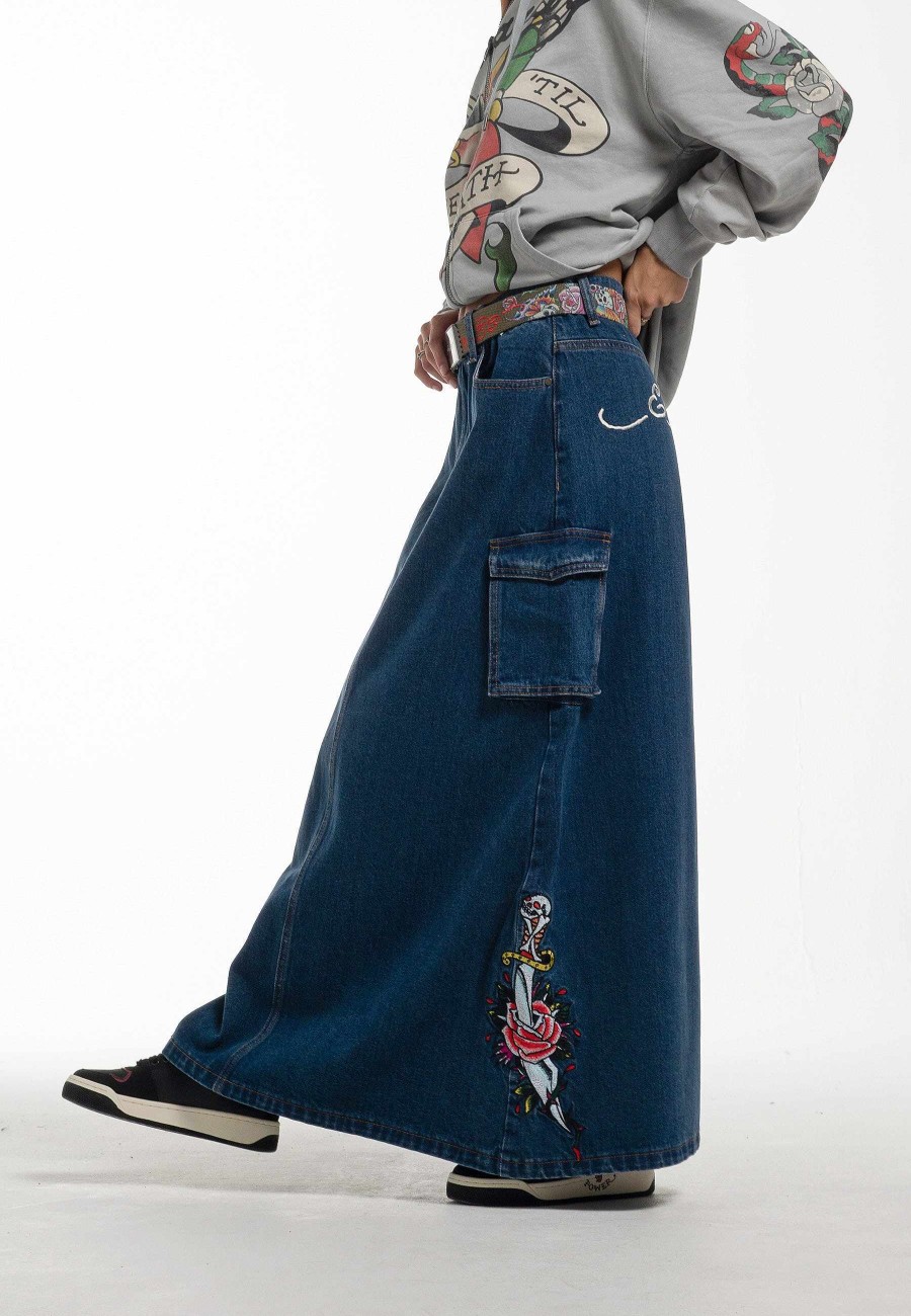 Ed Hardy Womens Killer Rose Denim Midi Skirt