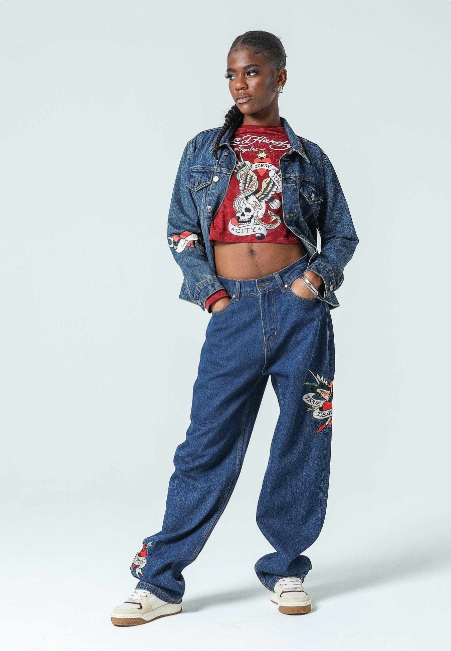 Ed Hardy Womens True-Til-Death Relaxed Fit Denim Trousers Jeans