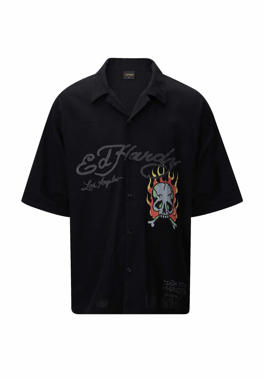 Ed Hardy Mens Skull-Flames Camp Shirt