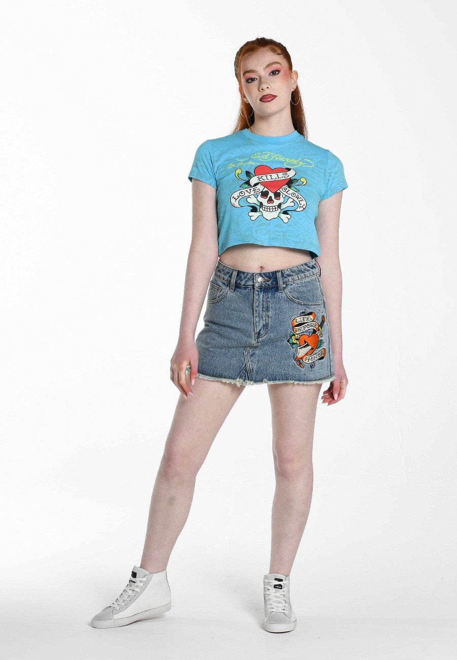 Ed Hardy Womens Life-Before Drop Hem Embroidered Denim Mini Skirt
