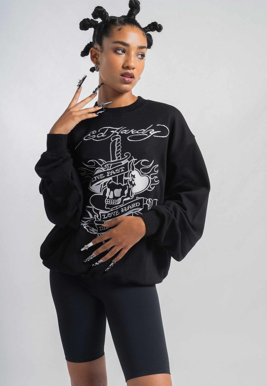 Ed Hardy Womens Live Fast Tonal Relaxed Crew Neck Jumper - Black