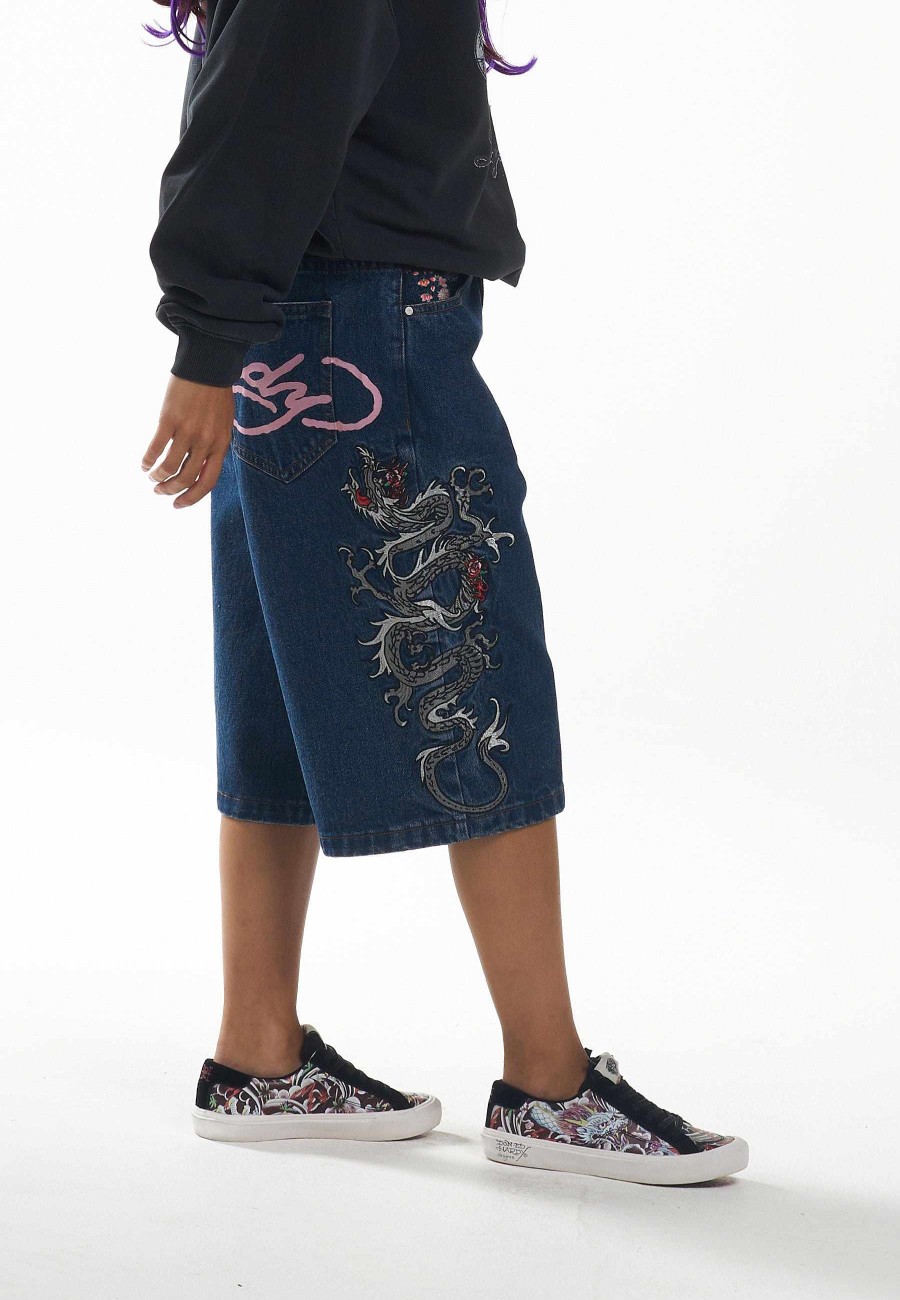 Ed Hardy Womens Grey Dragon Relaxed Denim Jorts Shorts