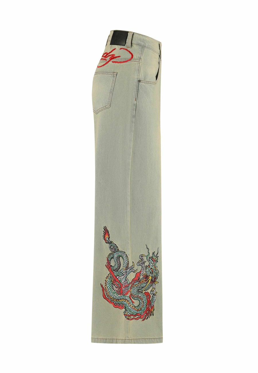 Ed Hardy Womens Twisted Dragon Xtra Oversized Denim Trousers Jeans