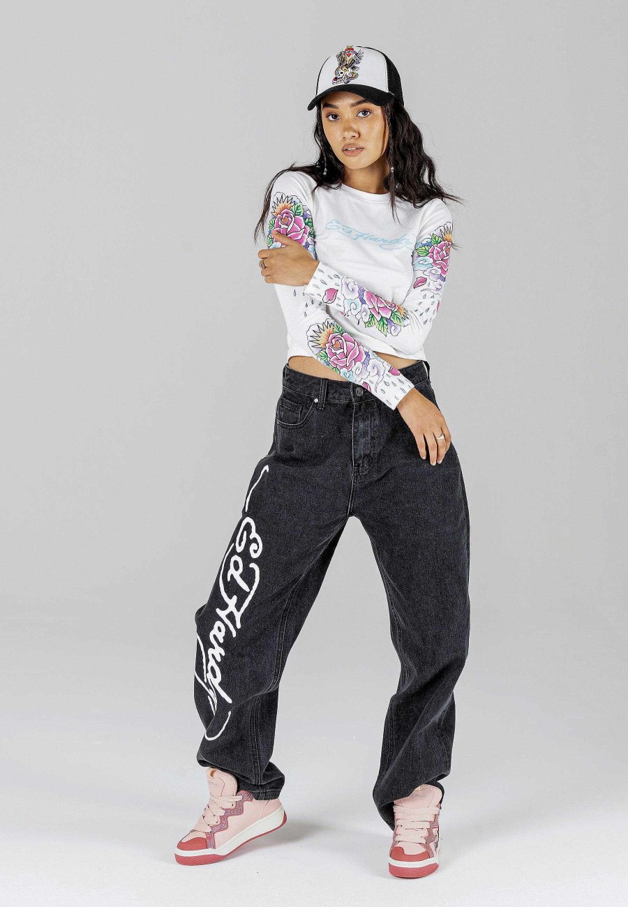Ed Hardy Womens Flaming Skull Relaxed Fit Denim Trousers Jeans